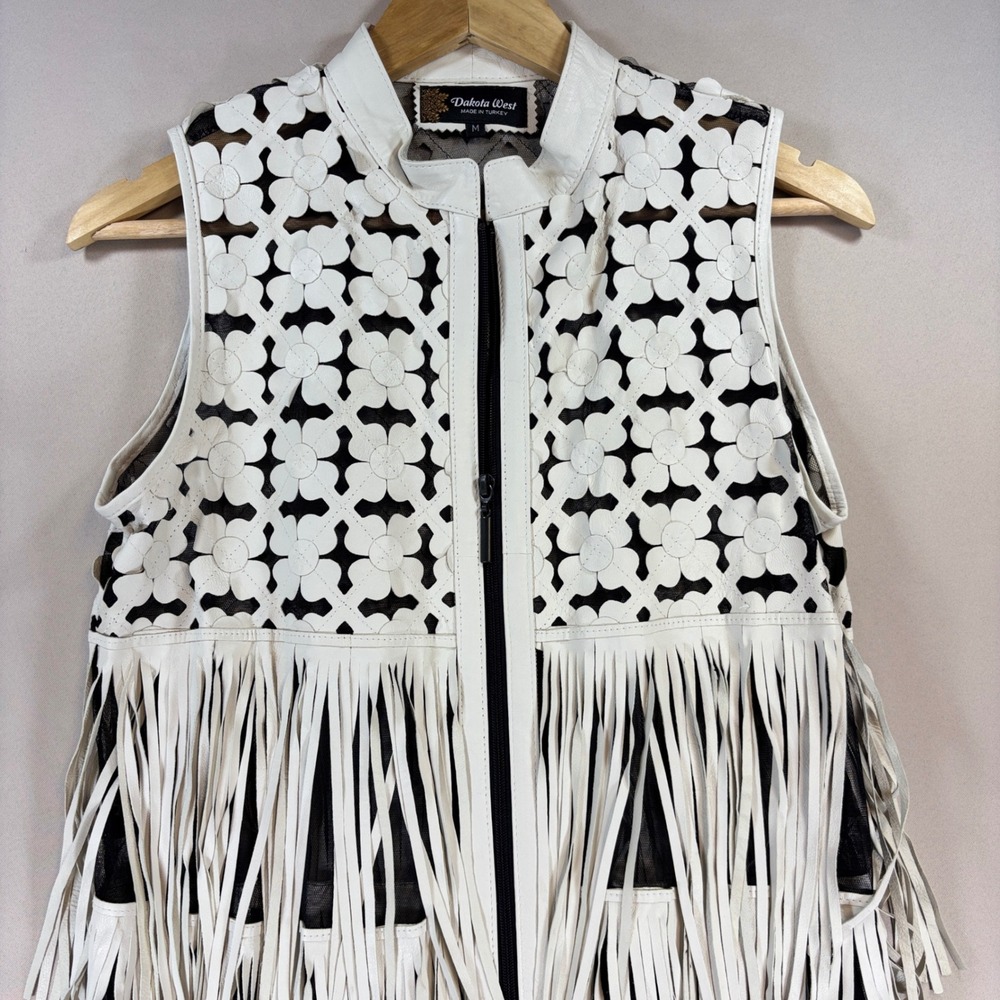 Dakota West Daisy Leather Fringe Vest Womens Medium White Cutout Western Boho
